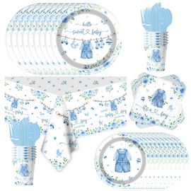 81Pcs Baby Shower Party Tableware Set Boy Baptism Birthday Party Decorations Set with Blue Flower Theme Plates Napkin, Cups,Knife, Fork And Spoon,for Boys Shower Gender Reveal Party Supplies