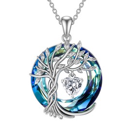 TOUPOP Tree of Life Diamond Pendant Necklace Sterling Silver April Birthstone Necklace Family Tree Irish Celtic Jewelry Blue Crystal Birthday Christmas Gifts for Women Her Wife Girlfriend