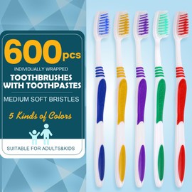 Navona 600 PCS Premium Individually Wrapped Bulk Toothbrush Pack, Disposable Toothbrushes, Kids Toothbrush, Medium Soft Bristle Toothbrushes, Ergonomics Handle, Perfect for Travel Hotel Donation
