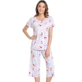 NACHILA Pajamas for Women-Viscose Made from Bamboo,Soft Capri Pants Pajama Sets Plus Size Pjs Cooling Short Sleeve Sleepwear Gray Peony X-Large