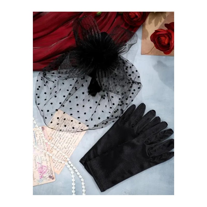 Sombrero Tocado Velo Plumas Vintage Mujer,guante De Encaje