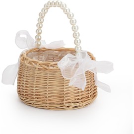 Wicker Rattan Flower Girl Basket with Pearl Handle, 6.5 * 7.8in Cute Wicker Basket Easter Basket Bowknot Flower Baskets for Wedding Home Decor
