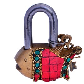 Purpledip Fish Shaped Brass Lock Padlock: Handmade Antique Design with Colorful Gemstone Work; Unique Collectible Combination of Style & Security (10663)