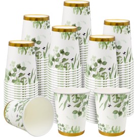 100 Pcs Eucalyptus Cups, 9oz Disposable Paper Cups Greenery Drinking Cups Baby Shower Party Cups for Sage Green Party Decorations Bridal Shower Holidays Birthday Wedding
