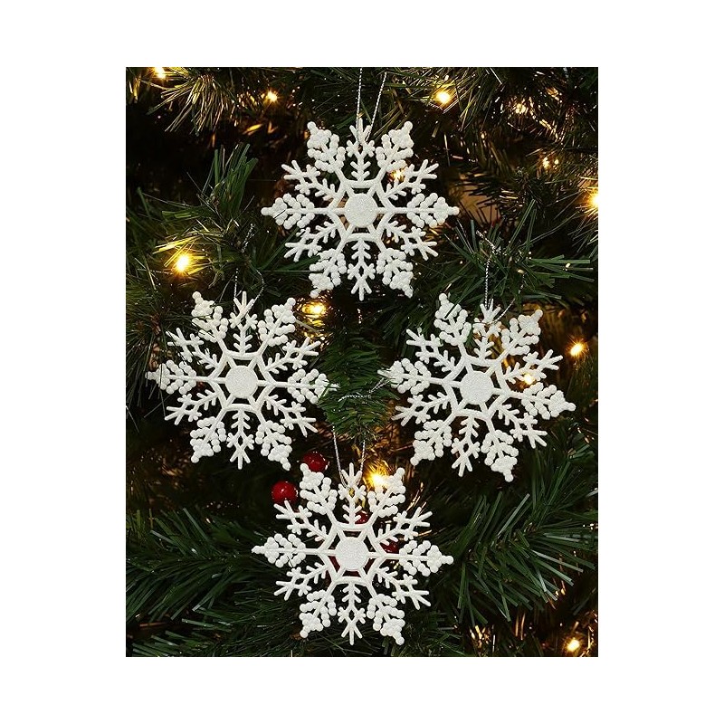Glitter Snowflake Christmas Decorations Pack of 6-10cm Hanging Decorations (White)
