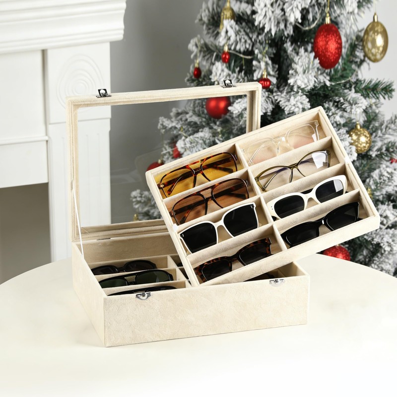 Frebeauty 16-Slot Sunglass Organizer Box,2 Layer Velvet Sunglasses Holder