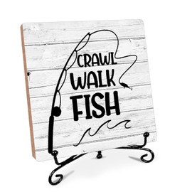 Funny Wooden Sign Desk Decor, Rustic Fishing Baby Shower Decorations, Crawl Walk Fish Wooden Sign with Stand, Living Room Bedroom Baby Room Shelf Decor 4 * 4IN
