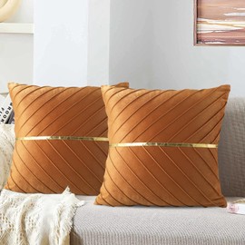Cushion Cover 40 x 40 cm Velvet Brown Decorative Cushion Living Room Golden Stripe Decoration Sofa Cushion Soft Couch Cushion Decorative Cushion Cover for Living Room Bedroom Office Car Sofa Home, Set of 2