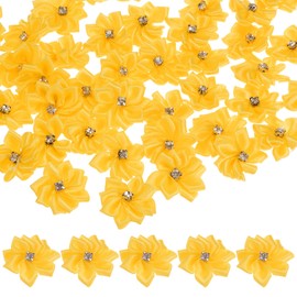 M METERXITY 200-Pack Satin Ribbon Flowers, 1.2 Inch Mini Fabric Flowers with Rhinestones Flower Ribbon Appliques for Crafts DIY/Wedding/Ornament/Party/Home [Yellow]
