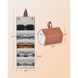 CO-Z Travel Sunglasses Organizer, Foldable Travel Sunglass Case with 5 Slots Mirror Straps for Multiple Pairs, Portable Eyeglasses Holder Glasses Storage Box for Women Men, Brown Leather