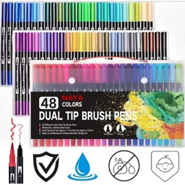 NAYA Felt Tip Pens Colouring Markers 48 Watercolour Marker Pen, Double Tip Art Fine Brush Markers for Adult Students, DIY Card Making, Photo Album Colouring Books Craft Doodling (48 PACK)