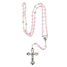 Austrian Crystal OR Glass Catholic Prayer Rosary/Rosario - Includes Pouch, "How to Pray the Rosary" and birth month meaning where applicable (Light Rose - SILVER)
