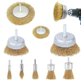 Wire Brush Set, 9 Pieces Steel Wire, Brass-Plated, Carbon Steel Wire Brush, Drill, for Drill, Grinding Brushes, Deburring