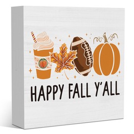 Autumn Decorations Happy Fall Y'all Thanksgiving Gift Pumpkin Football Coffee Wood Square Sign Desk Block Signs Home Shelf Office Decoration 5 x 5 Inches Tub1904