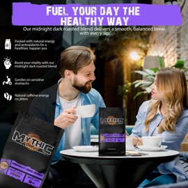 Mythic Coffee Midnight Dark Roast Ground Coffee, Premium Roasted Arabica Coffee, Small Batch Roast, Strong Caffeine, Rich Bold Flavor, Low Acidic, Vegan, Non Gmo, Keto, Fair Trade,16 oz