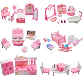 75 Pcs Dollhouse Furniture Set Accessories,Small Dollhouse Miniature Pretend Play Family Toys Gift,Toddler Boy Girl Kid 3Y+ Mini Bedroom/Livingroom/Bathroom/Kitchen/Infant Room Kit
