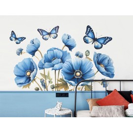 Removable Creative 3D DIY Blue Flowers Wall Decals Flower Vines Butterfly Wall Stickers Murals Peel and Stick Floral Wall Art Decor for Nursery Girls Women Bedroom Living Room Decoration (C)