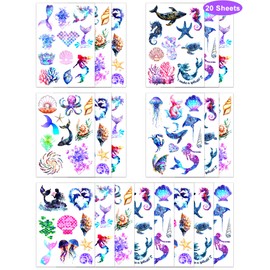 192 Pieces Under The Sea Mermaid Temporary Tattoos Stickers,20 Sheets Sea Creatures Ocean Animal Themed Tattoos Stickers Party Decoration Supplies Party favors for Adults
