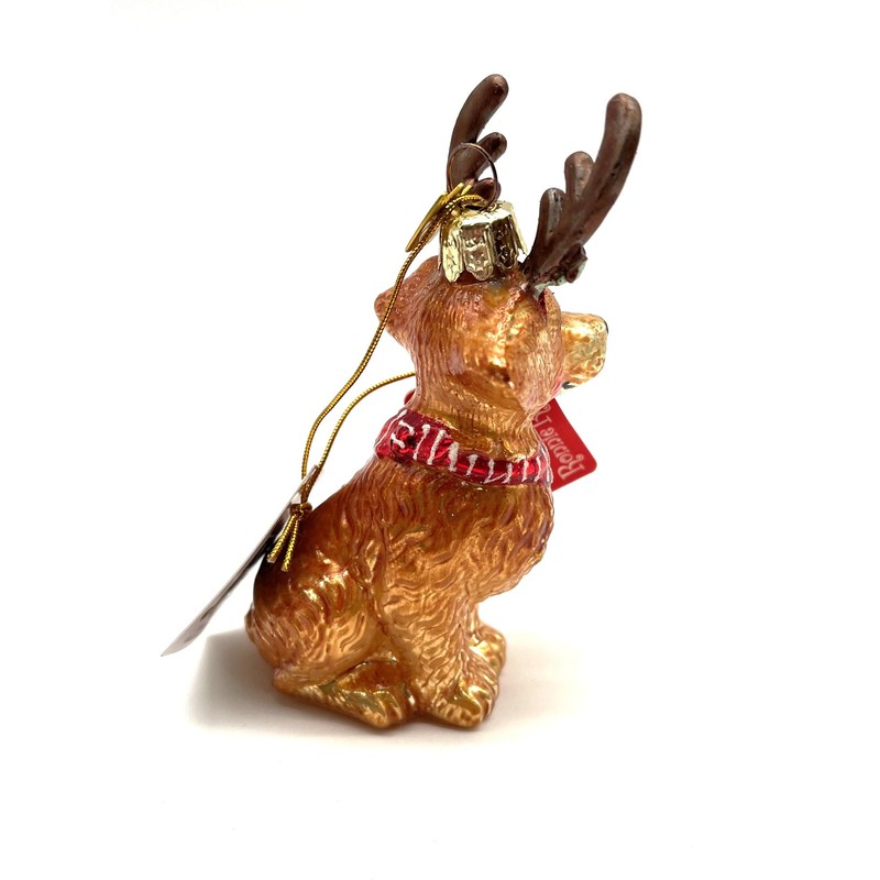 Noble Gems Golden Retriever with Antlers Glass Ornament