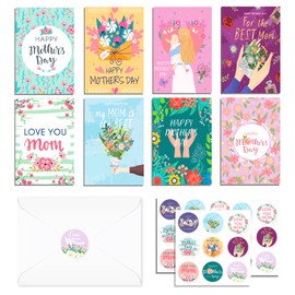 CC HOME Gift for the Best Mother Greeting Cards, 24-Piece Set of Mother's Day Themed Greeting Cards, Folding Postcards with Envelopes and Stickers, 8 Styles, for Mother's Day, Birthday, Christmas etc
