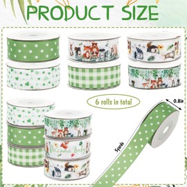 JarThenaAMCS 6 Rolls Woodland Animal Baby Shower Wired Ribbons Jungle Animal Grosgrain Fabric Ribbons Dot Plaid Heart Wrapping Ribbons for DIY Crafts Wreath Bow Making, 30 Yards