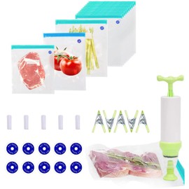 Sous Vide Bags-30 PCS Reusable Vacuum Seal Bags for Food with Portable Handheld Vacuum Sealer and Sealing Clips for Food Storage and Sous Vide Cooking, Sous Vide Kit Sealing Bags Kit (51pack)