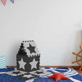 Relaxdays Puzzle Mat Stars Set of 9, 18 Pieces, EVA Foam, Non-Toxic, Play Mat 91 x 91 cm, White/Grey