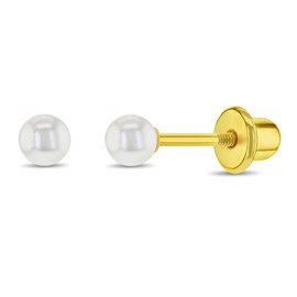 Gold Plated White Simulated Pearl Screw Back Earrings for Babies, Infants, and Toddlers 3mm - Classic White Simulated Pearl Baby Earrings with Safety Screw Backs