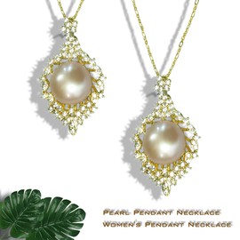 Weixinghera Women's Pearl Pendant Necklace Golden Necklace AAAAA Cultured Pearl Set Pendant with Golden Willow Leaf Base (Golden Yellow, 18 inch)