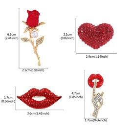 MEEDOZ 4 Pcs Women Brooch Pins Bulk Set, Stylish Red Rhinestone Lip Love Heart Rose Flower Brooches for Women Chrismas Valentine's Day Gifts
