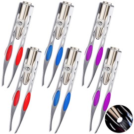 6 pinzas de luz de acero inoxidable con luz LED, pinzas iluminadas para depilación de precisión para hombres y mujeres (rojo, morado, azul oscuro)