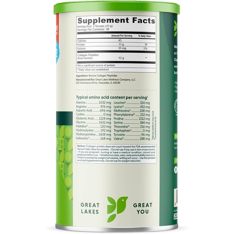 Great Lakes Wellness Collagen Hydrolysate Powder, Unflavoured 454g | Kosher,
