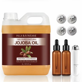 ISLA & FONTANE ISLA & FONTANE Jojoba Oil Set C 67.6 Fl Oz (2L) | 100% Pure & Natural | Golden, Unrefined, Cold Pressed | 2 Dropper Bottles & Massager | Hexane-Free Carrier Oil for Skin, Hair, Face, Nails & Body