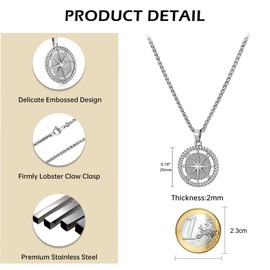 murtoo Necklace for Men, Stainless Steel Mens Necklace with Compass, Apple Shield Coin Pendant Necklace, Gift Idea for Men Women, 2" Adjustable Curb Chain