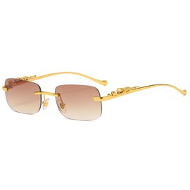 TOSGMLOUS Vintage Small Rimless Rectangle Sunglasses Metal Gold Silver Leopard Eyewear for Women Men (Gold Tea)