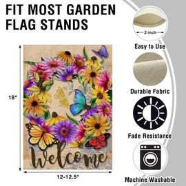 Artofy Welcome Spring Flower Wreath Home Decorative Garden Flag, Summer Daisy Floral House Yard Vintage Butterfly Decor Outside Decorations, Farmhouse Outdoor Small Burlap Flag Double Sided 12 x 18