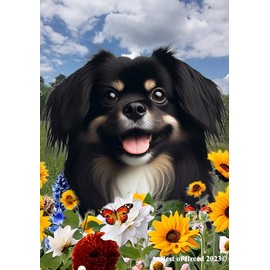 Tibetan Spaniel Black/White - Best of Breed Spring Flowers Garden Flag 12" x 17"
