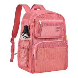 Mesh Backpack with Inner Compartment, Large Heavy Duty Mesh Bag with Padded Shoulder Straps for Travel Swimming Hiking Beach - Pink