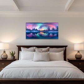 SERIMINO Aurora Landscape Wall Art, Colorful Night Scene Large Wall Pictures, Winter Lake Forest Art Prints, Dreamy Scenery Canvas Paintings Wall Decor Living Room Bedroom Bathroom Office 20"X40"