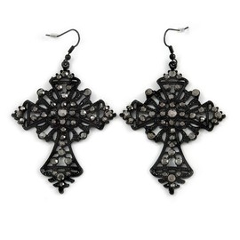 Statement Large Victorian Style Hematite Crystal Cross Drop Earrings/Black Tone/ 80mm L