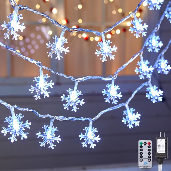 2 Pack Christmas Snowflake String Lights, 100 Led Snowflakes Lights 43 Ft 8 Lighting Modes Timing Plug in Fairy Lights Remote Waterproof Connectable for Holiday Indoor Outdoor Xmas Snowflake Decor