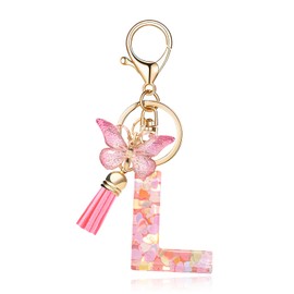 QUKE Fashion Alphabet Initial Letter Keychain Pink Tassel Butterfly Pendant Key Ring for Purse Schoolbags Women Girl - L
