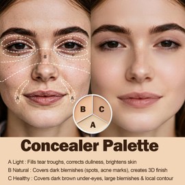 Concealer Palette with Brush, Concealer Full Coverage - 3-Color Creamy Long-Wearing, Blends Easily, Ideal for Dark Circles, Spots & Acne, Hypoallergenic Formula for Flawless Look