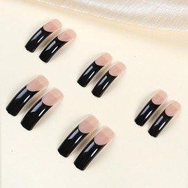 Curved Press on Nails Press on Nails Extra Long Square Fake Nails Black French Tip False Nails with Solid Color Designs Curved Full Cover Nail Tips Acrylic Nails Stick on Nails for Women DIY Manicuare