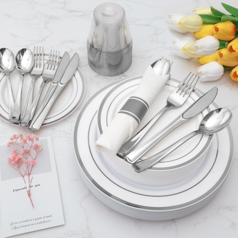 Goodluck 350 Piece Silver Plastic Dinnerware Set for 50 Guests,
