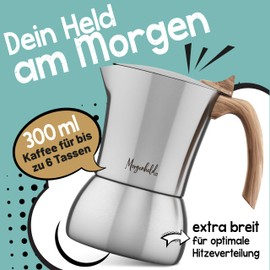 Morgenheld Flow Espresso Maker Stainless Steel 6 Cups (300 ml) - Suitable for Induction Cookers, Suitable for All Hobs - Mocha Pot with Ergonomic Handle, BPA-Free - for Home & Camping