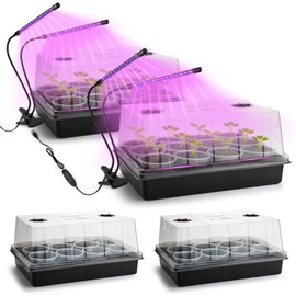 50pcs 3.5" Clear Nursery Pots with 4 Trays and 5" Tall Humidity Domes, 2 Adjustable LED Grow Lights – Complete Seed Starter Kit for Seed Germination, Seedling Planting Propagation, Indoor Gardening