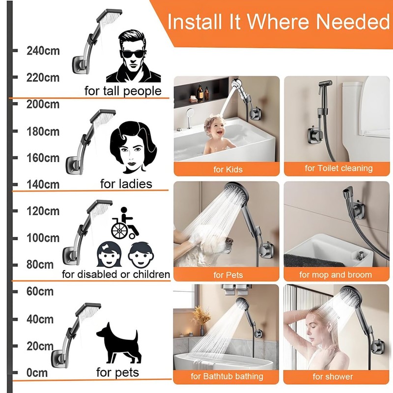 Suction Cup Shower Head Holder - Angle Adjustable Spring Arm,