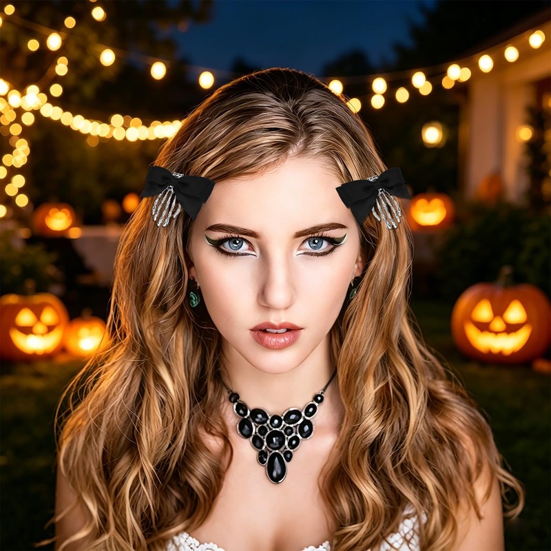 4PCS Halloween Bows Bone Hair Clips Skeleton Hand Bat Spooky