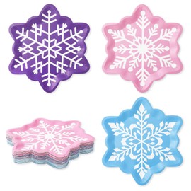 JarThenaAMCS 60Pcs Snowflake Paper Plates Pink Blue Purple Snowflake Shape Plates Snow Disposable Plates for Winter Holiday Party Tableware Supplies